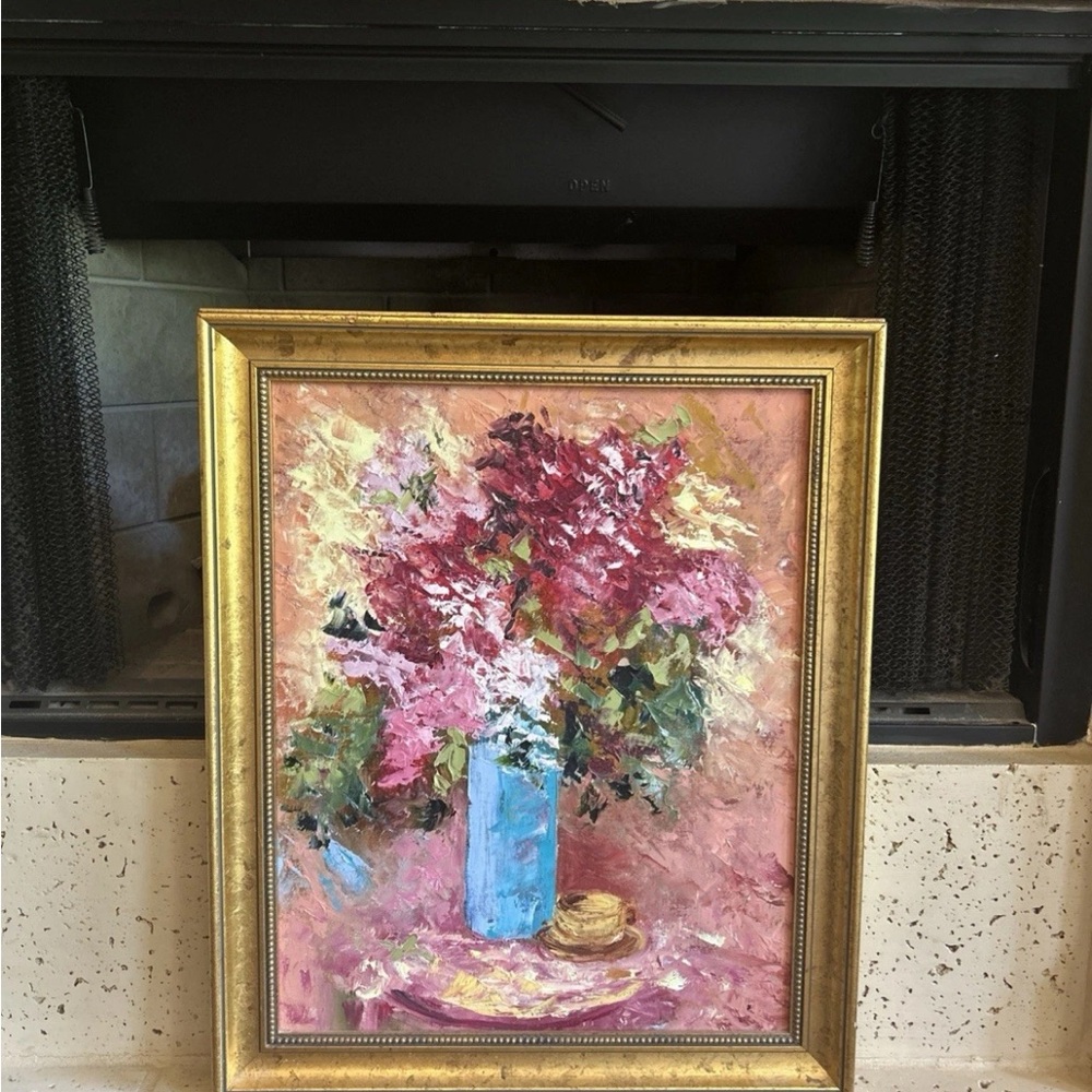 Vintage Impressionist Floral Oil Painting – Blue Vase & Gold Frame – 24” x 19.5”